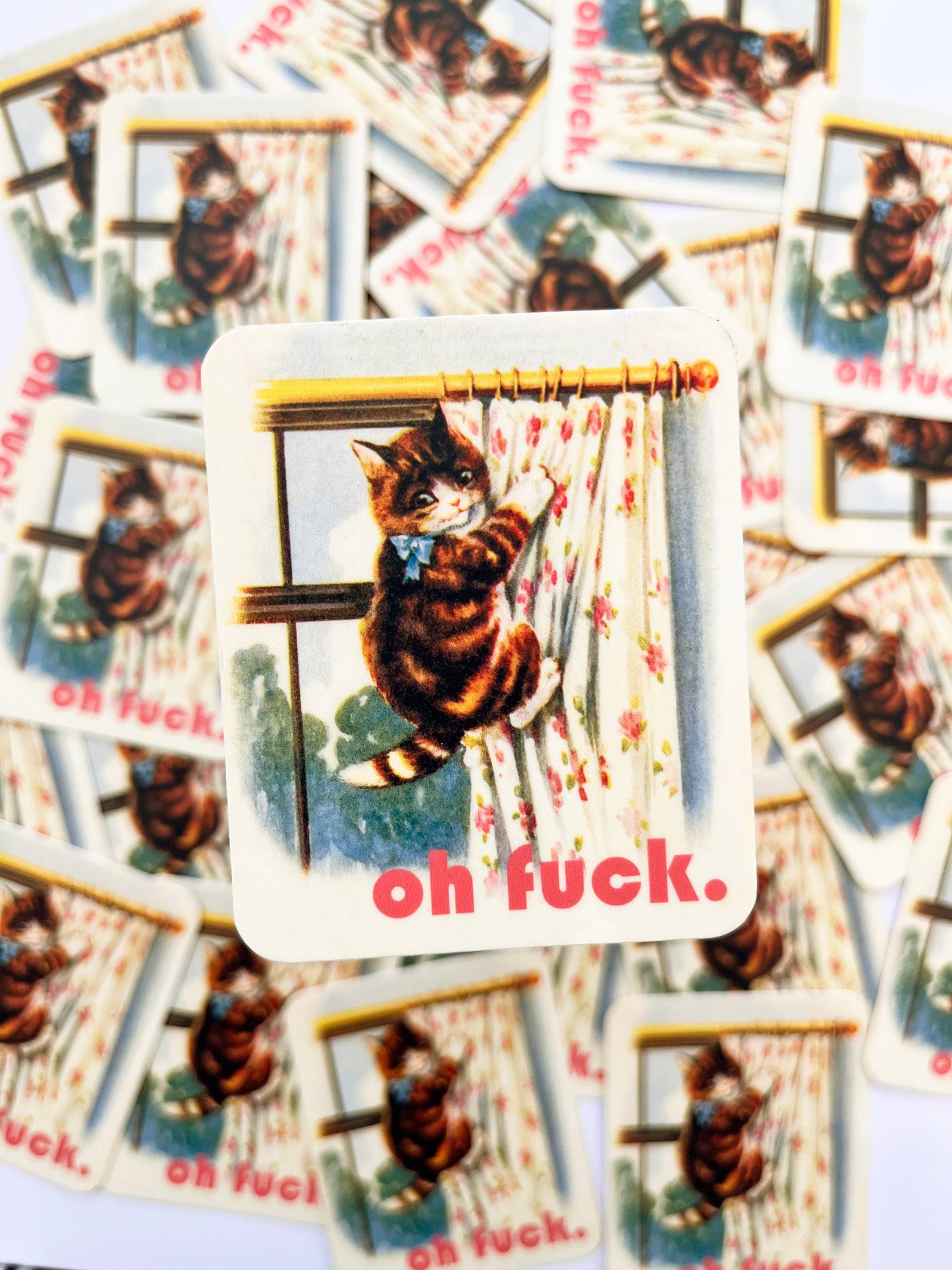 Oh Fuck Cat Hanging from Curtains Sticker