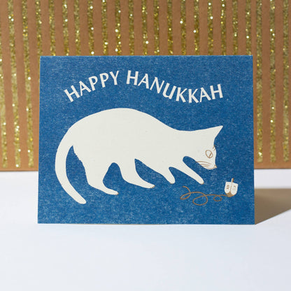 Happy Hanukkah Dreidel Cat Risograph Card