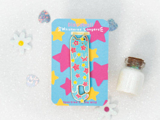 Blue Pink & Yellow Disco Stars Enamel Long Cat Pin