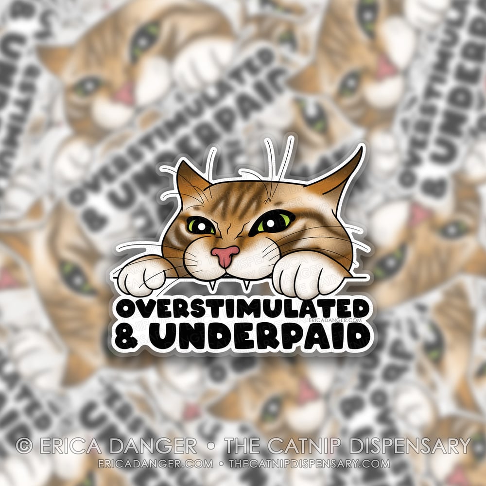 Overstimulated & Underpaid Cat Bumper Sticker (Clear Background)