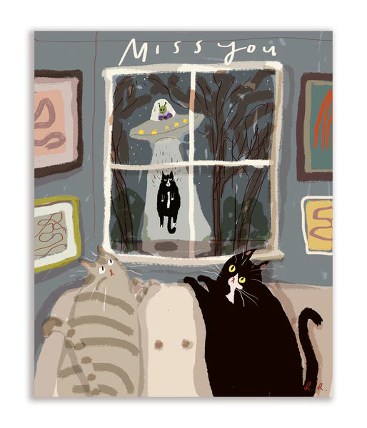 Miss You UFO Abduction Cat Card