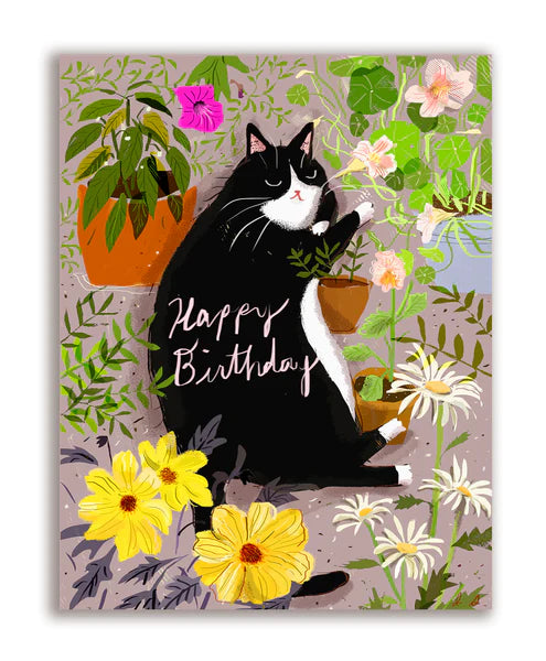 Happy Birthday Tuxedo Cat in Garden Card