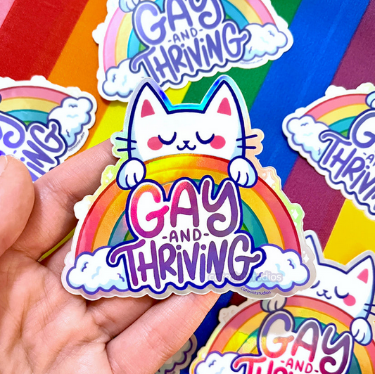 Gay and Thriving White Cat Holographic Vinyl Sticker