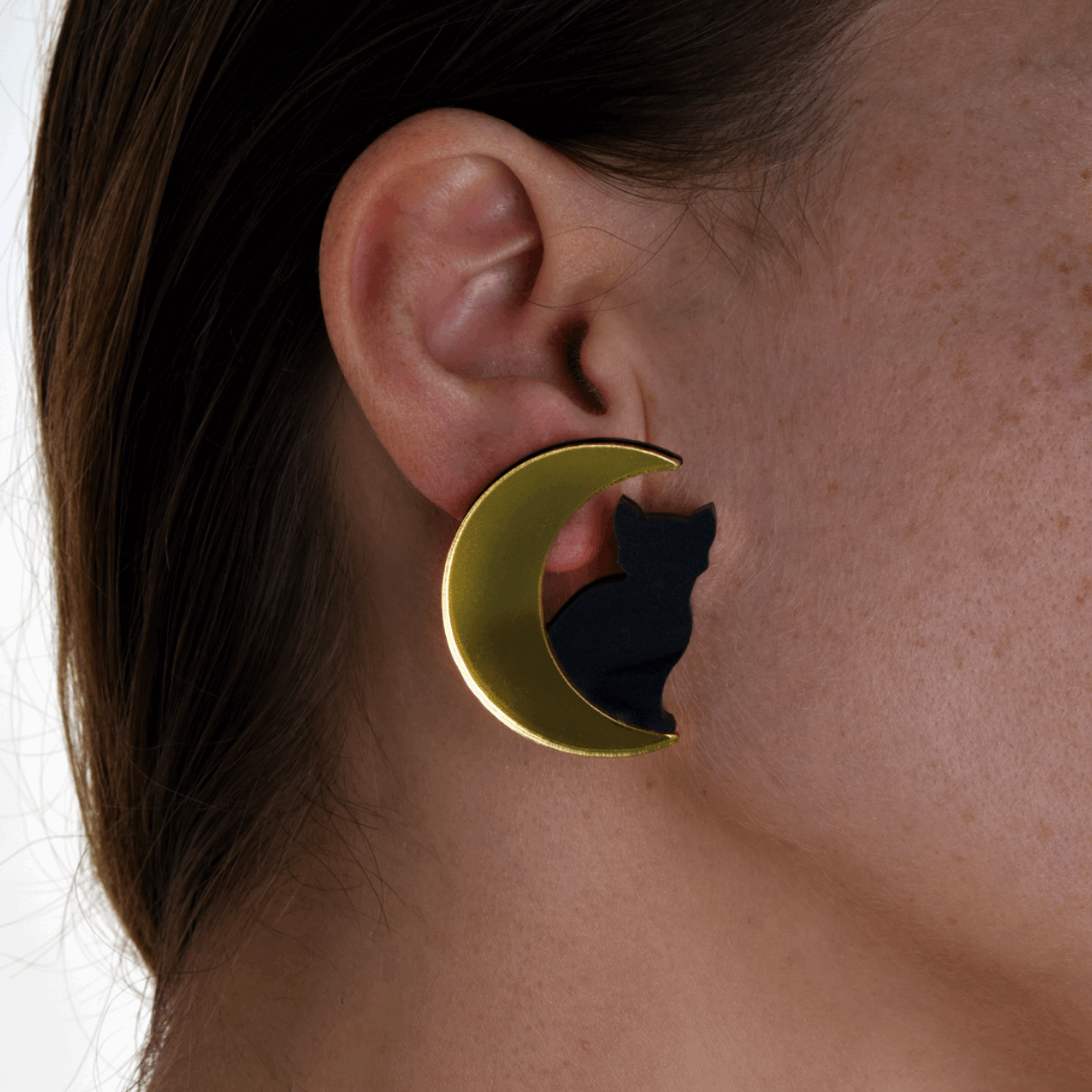Large Cat in Moon Earrings