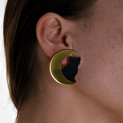 Large Cat in Moon Earrings