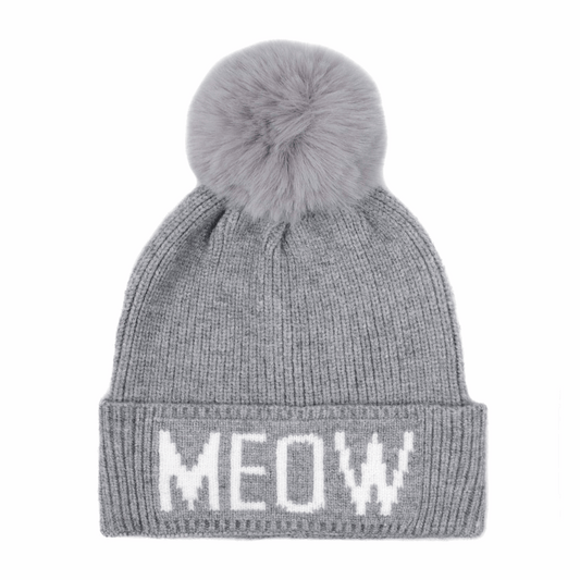 Meow Pompom Knit Beanie Toque - Gray