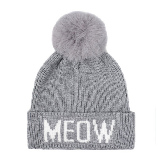 Meow Pompom Knit Beanie Toque - Gray