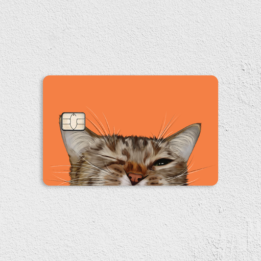 Winking Tabby Cat on Orange Credit Card Skin