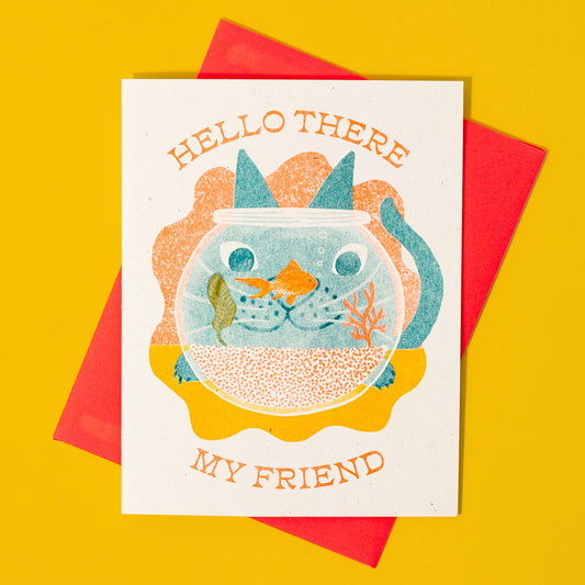 Hello There My Friend Cat Risograph Greeting Card