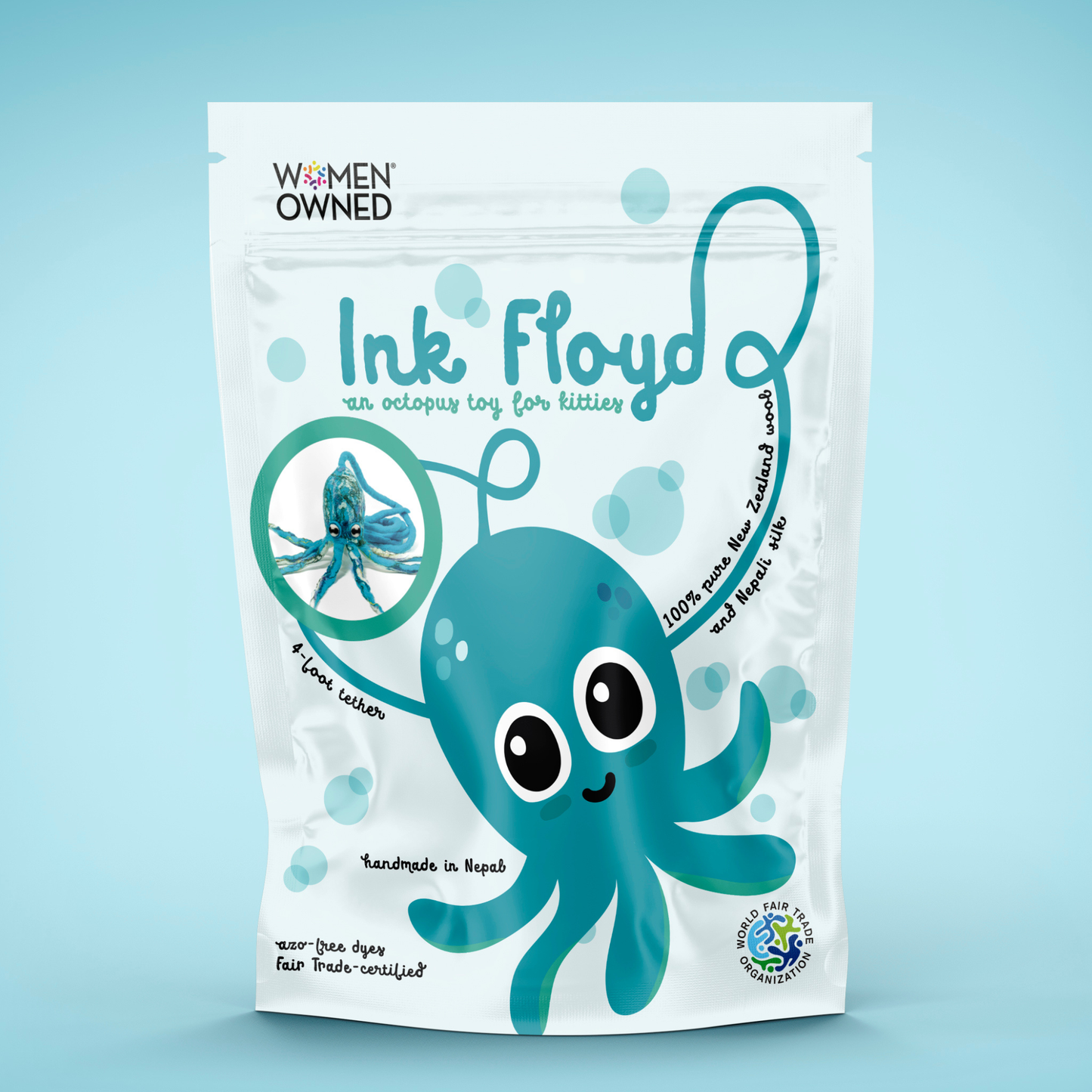 Wool Octopus Cat Toy with 4-Foot Tether (Arctic Blue)