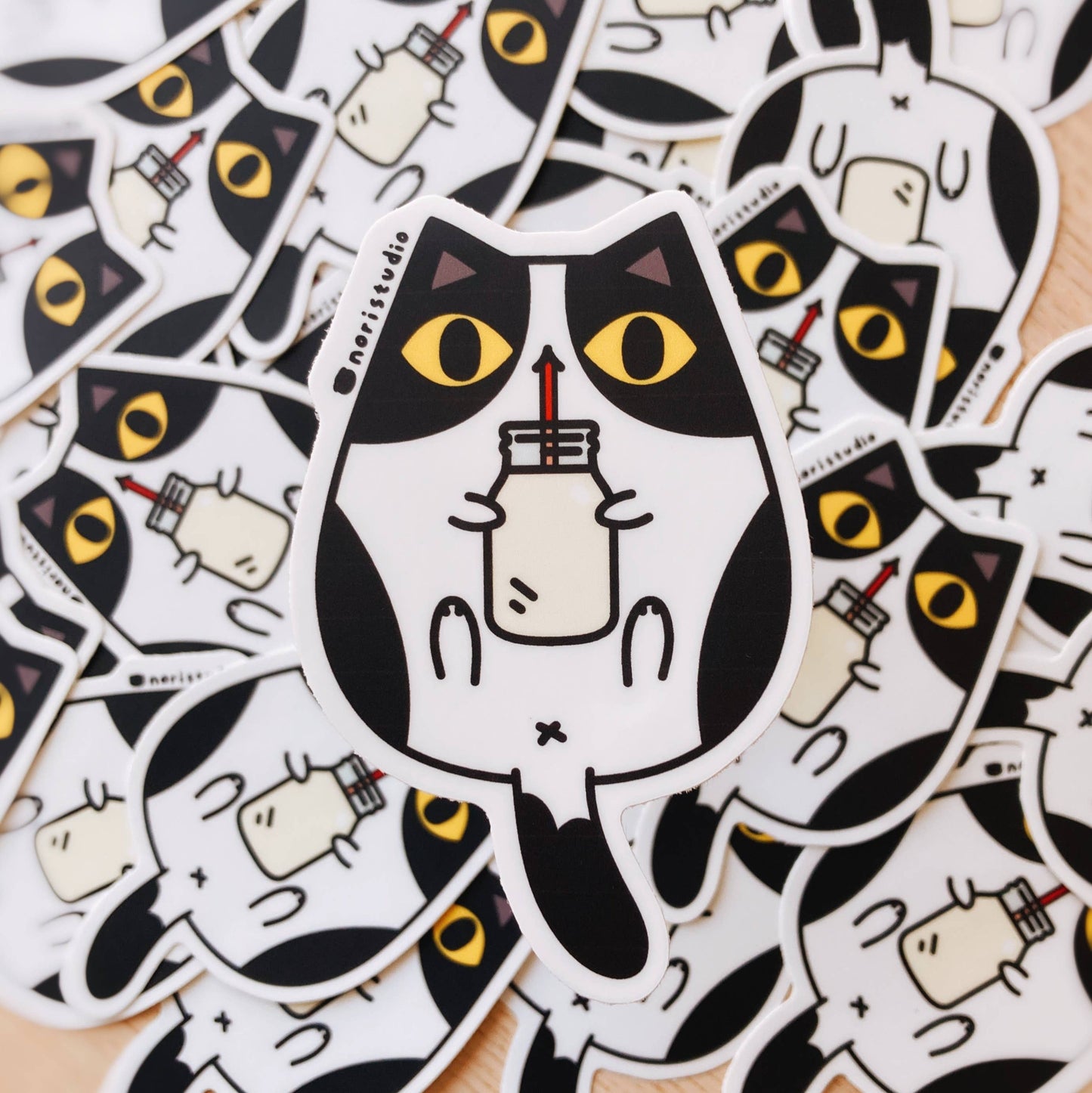 Black and White Tuxedo Cat with Milk Vinyl Sticker