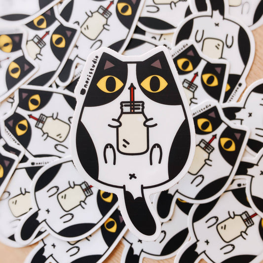 Black and White Tuxedo Cat with Milk Vinyl Sticker