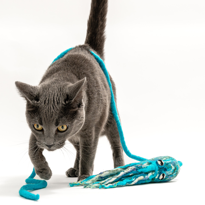 Wool Octopus Cat Toy with 4-Foot Tether (Arctic Blue)