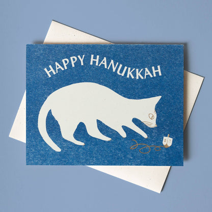 Happy Hanukkah Dreidel Cat Risograph Card