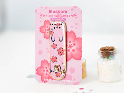 Sakura Cherry Blossom Enamel Long Cat Pin