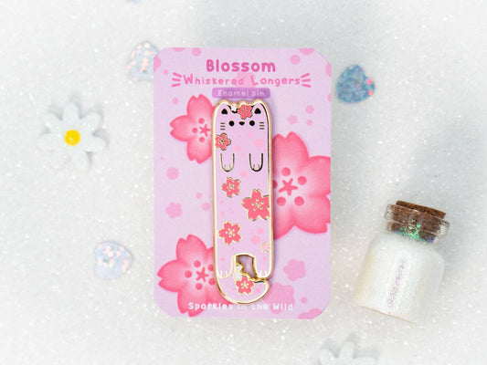 Sakura Cherry Blossom Enamel Long Cat Pin