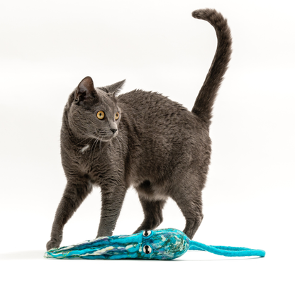 Wool Octopus Cat Toy with 4-Foot Tether (Arctic Blue)