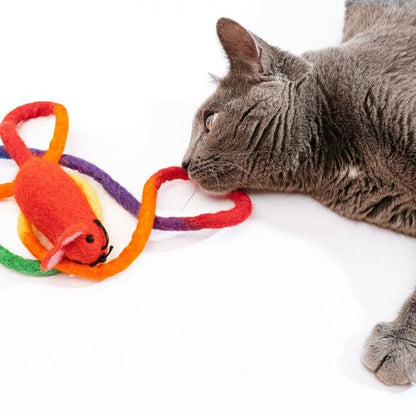 Wool Mouse Cat Toy with 6-Foot Tail (Rainbow)