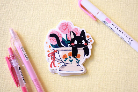 Kitty in a Cup Black Cat Sticker