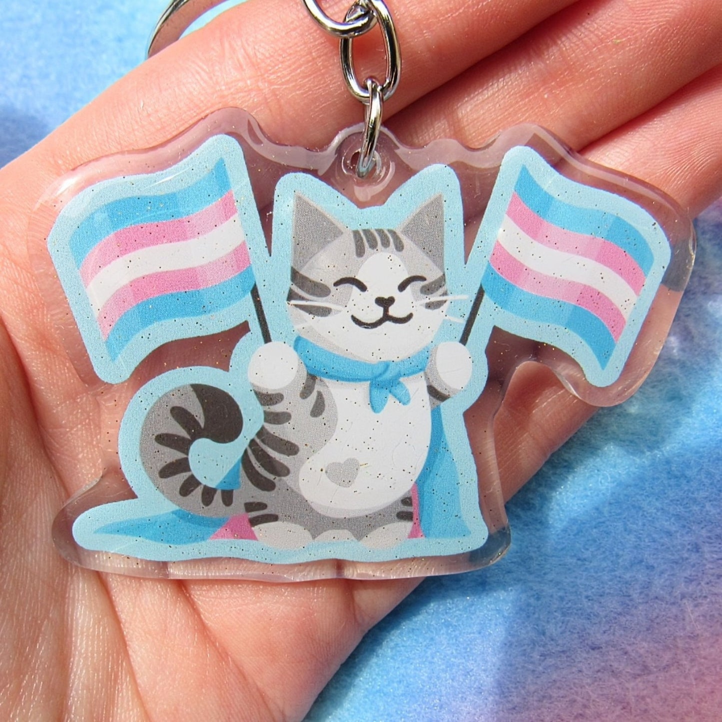 Trans Pride Flag Cat Keychain