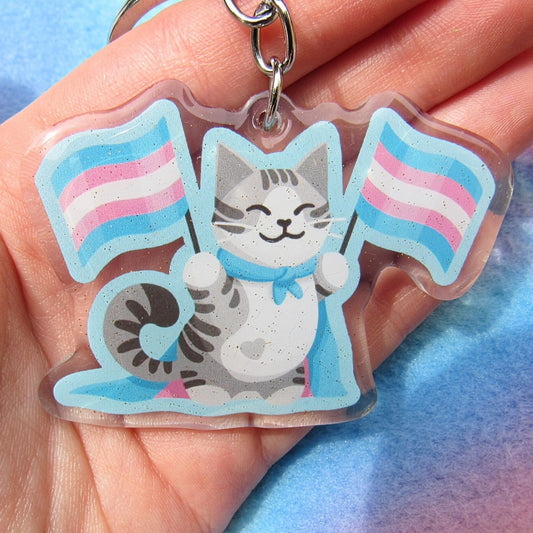 Trans Pride Flag Cat Keychain