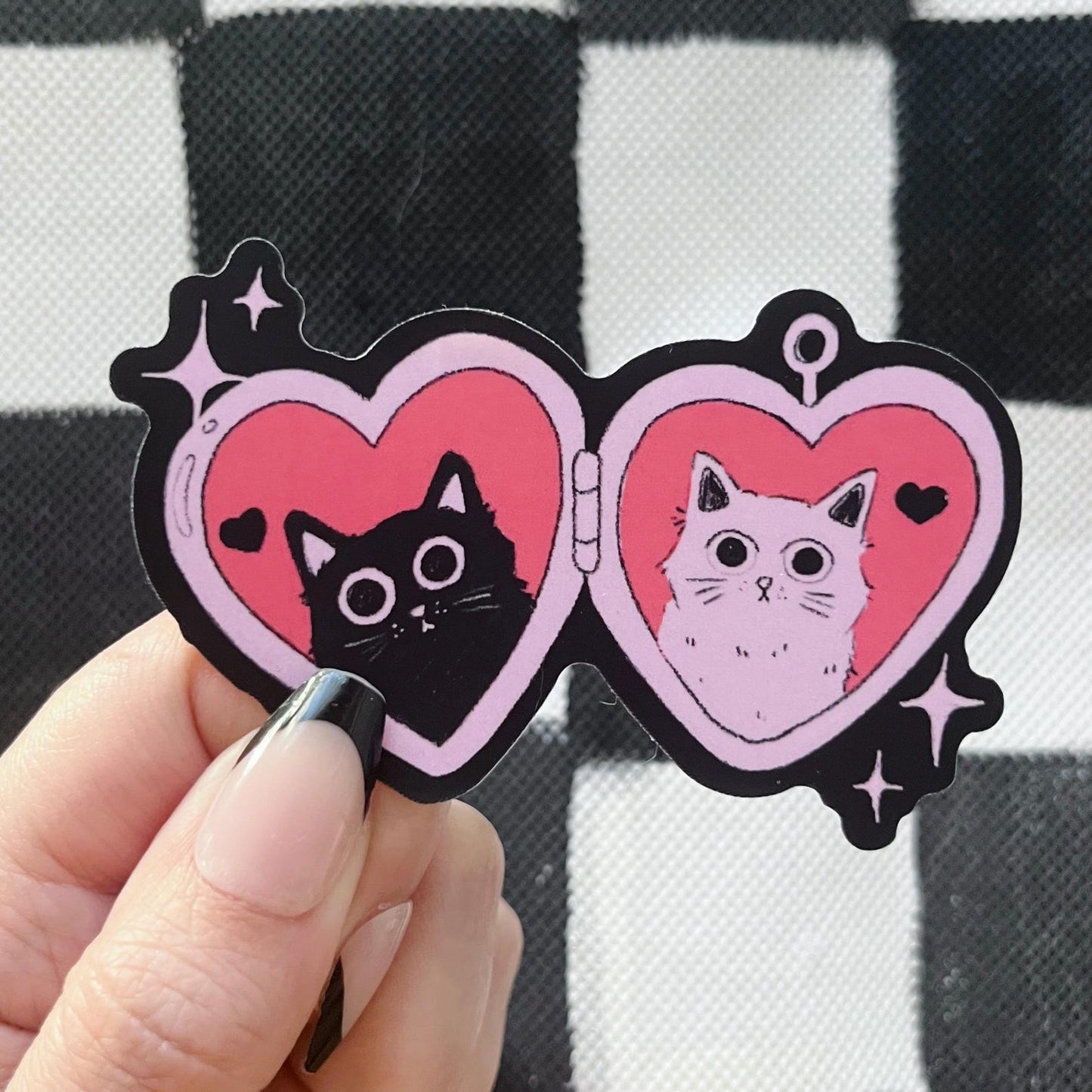 Black Cat & White Cat Heart Locket Matte Vinyl Sticker