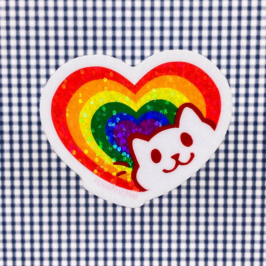 Gay Pride Cat Heart Glitter Sticker