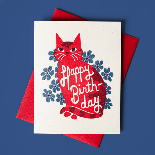 Happy Birthday Red Cat & Blue Flowers Risograph Birthday Card