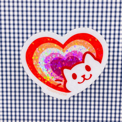 Lesbian Pride Cat Heart Glitter Sticker