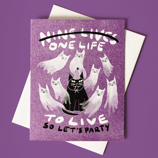 Nine Lives/One Life to Live Risograph Cat Birthday Card