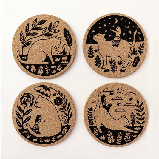 A Girl and Her Kitty Cork Coaster Set