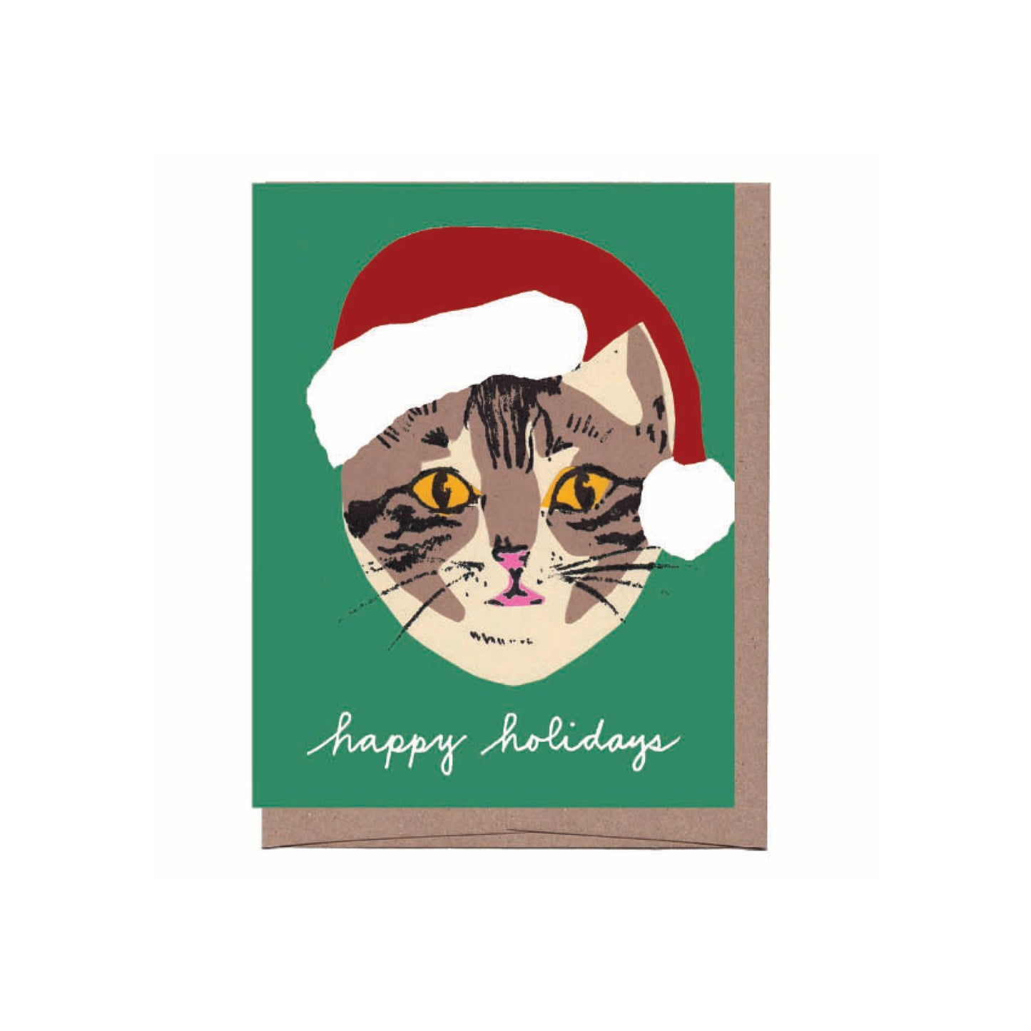 Green Cat in Santa Hat Card “Happy Holidays”