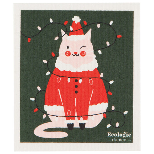 Swedish Dish Cloth - Festive Feline Cat with Christmas Lights