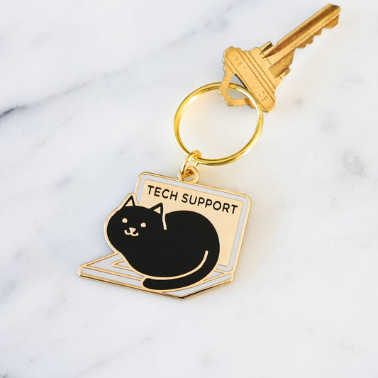Tech Support Black Cat on Laptop Keychain
