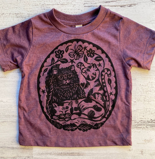Block Print Toddler/Kid’s Cat T-shirt (Maroon)