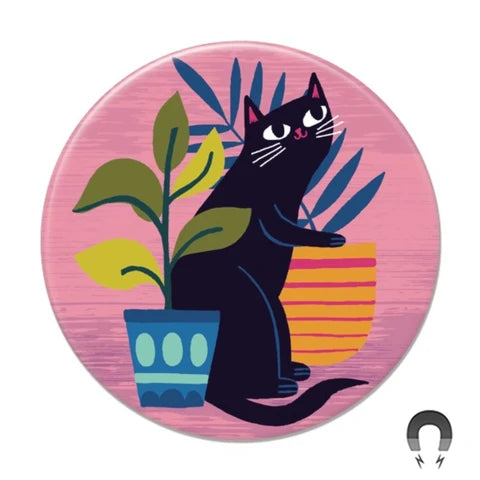 Black Cat with Plants Magnet