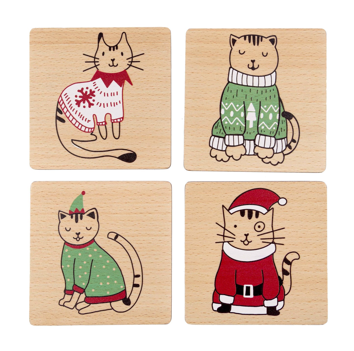 Christmas Cat Drink Coasters, Set of 4