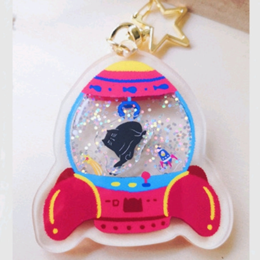 Glitter Rocket Ship Cat Keychain